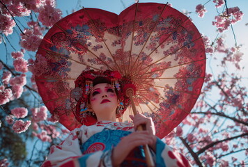 A woman in a floral kimono holds a traditional umbrella beneath blooming cherry blossoms, capturing the essence of Japanese spring.

