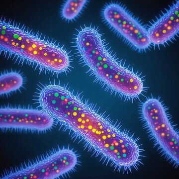 Closeup view of purple bacilli bacteria covered with pili fimbrae with colorful inner structures