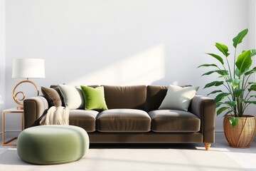 Living room interior with gray velvet sofa, pillows, green plaid, lamp and fiddle leaf tree in wicker basket on white wall background. 3D rendering.