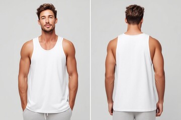 A muscular man wearing a plain white tank top mockup, showcasing both front and back views. The background is neutral, emphasizing the clothing.