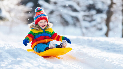 A cheerful child sledding down a snowy hill on a bright winter day.