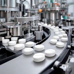 Pills on Conveyor Belt in Pharmaceutical Manufacturing Machine