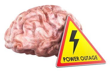 Power Outage in the Brain, concept. Human brain with triangular warning sign labeled POWER OUTAGE. 3D rendering isolated on transparent background