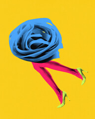 Surreal art design. Blue tangled pasta nest stands in place of torso above hot pink legs in neon...