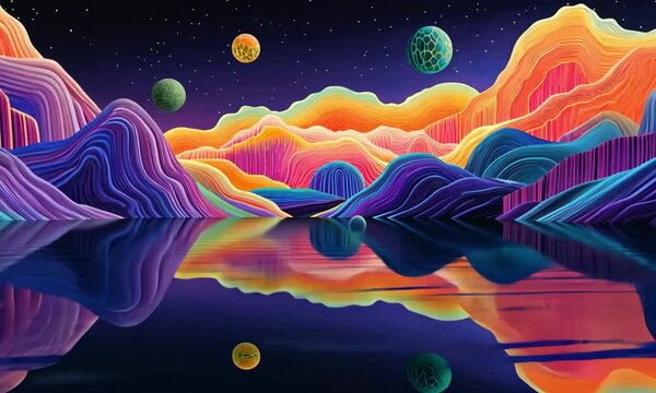 Colorful cosmic landscape reflection in water featuring planets and mountains. Vivid, stylized scenery evokes space and nature themes with a surreal, dreamlike quality.