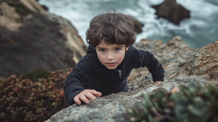 A child climbing rocky terrain by the ocean, focused on exploration.