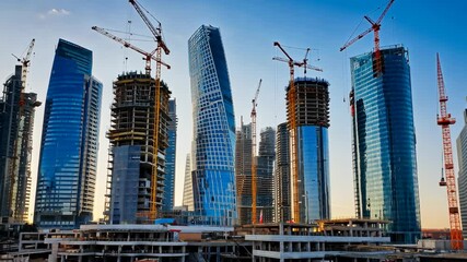 Build up of skyscrapers. Construction new buildings. motion video.