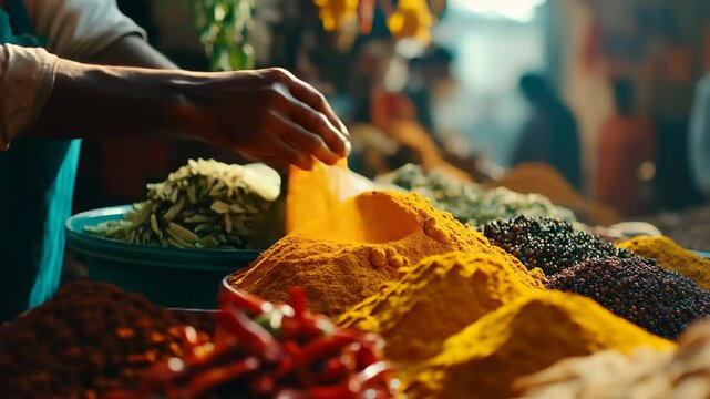 A person is reaching into a pile of spices, including turmeric, cumin, and chili powder