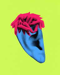 Conceptual art collage. Blue human ear topped with crown of red pasta replaces traditional head, creating playful sensory mashup of sound and taste. Concept of fast food, humor, pop art.