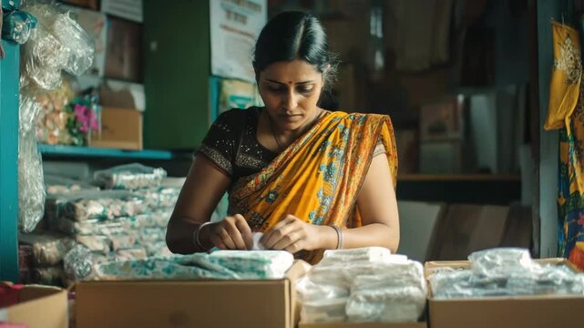 A woman in an orange sari is sitting in front of a box of white goods. She is looking at the box and seems to be in a contemplative mood
