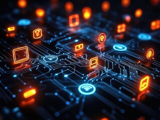 Abstract Tech Connection Concept with Glowing Icons & Orange Data Lines on Dark Background: Social Media Hub Surrounded by Smartphone/Tablet UI Elements for Digital Marketing or Device Interface Desig