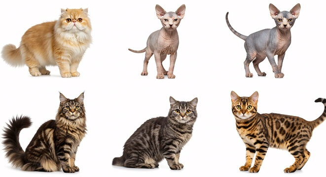 A collection of six different cat breeds isolated on a clean white background