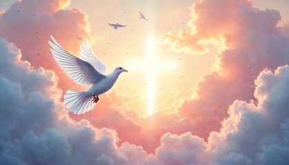 Watercolor painting white dove soaring in clouds toward radiant cross. Christian concept, symbol of peace hope. Celebration of faith spirituality. Illustration for Whit Monday holiday. Uplifting