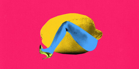Conceptual art collage. Blue leg in green heels draped over bright yellow lemon forms vibrant...