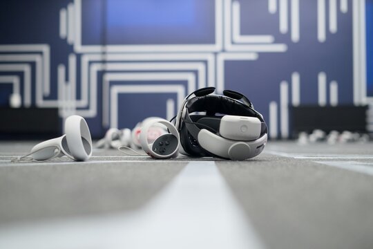 Virtual reality headset on a floor of the gaming room