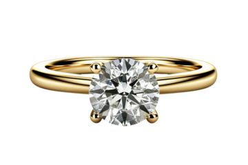 Solitary round brilliant-cut diamond on a simple, low-profile yellow gold band.  Four prongs secure the stone