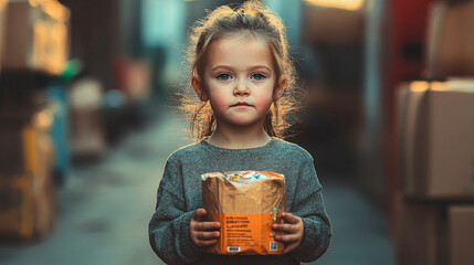 A young girl holds a package, standing thoughtfully in an urban setting.