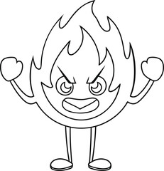 Funny and angry flame character with a fierce expression and strong arms vector illustration, Funny and angry flame character with a fierce expression and strong arms silhouette and line art vector