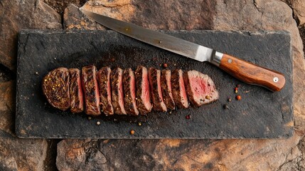 Sliced medium-rare steak on a slate board, with a knife and pepper, top view