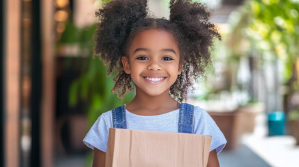 A joyful girl holding a package, smiling brightly in a natural setting.