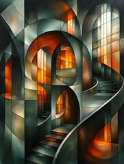 Abstract cubist depiction of a curving staircase within a geometric, dimly lit, multi-level interior space, featuring warm orange light accents