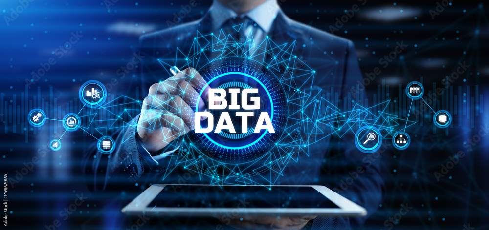 Wall mural big data analysis analytics internet technology concept. businessman pressing button on screen.