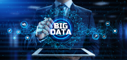 Big Data Analysis Analytics internet technology concept. Businessman pressing button on screen.