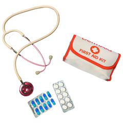 Pharmacy and doctor's attributes like a stethoscope, medicine, and medical aid