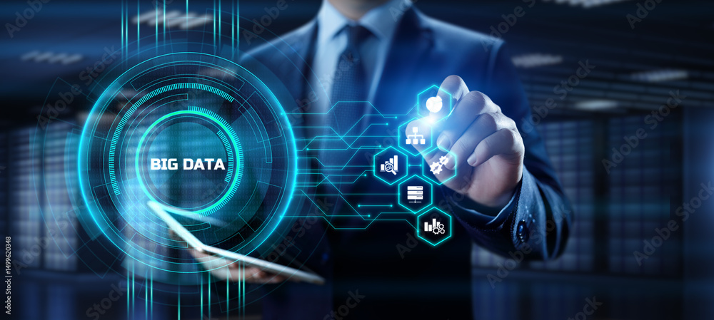 Wall mural big data analysis analytics internet technology concept. businessman pressing button on screen.
