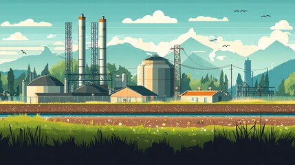 flat eco vector illustration showing step-by-step process of turning food waste into clean energy, compost bin to biogas system to power grid, colorful modern design, minimalist layout