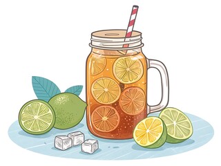 illustration of homemade sweet tea in a mason jar with citrus fruits, southern style iced tea, rustic summer refreshment concept on transparent background
