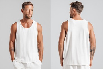 A muscular man wearing a white tank top mockup, posing in a studio setting. The image shows both front and back views, highlighting the tank top's design and fit.