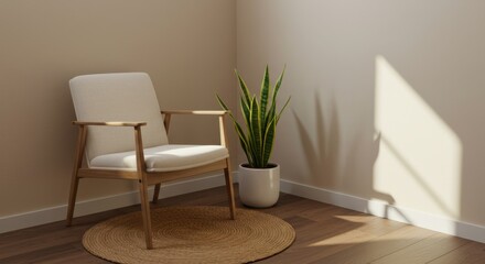 Delicate Corner with Ash Wood Chair, Snake Plant, and Sisal Mat