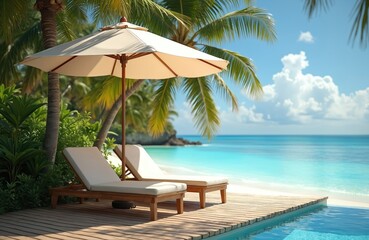 Obraz premium Sun loungers with white sun umbrella on tropical beach. Palm trees, blue ocean view. Wooden deck, swimming pool. Vacation, travel, relaxation, holiday, rest. Beach chair, sand, sea, lifestyle,