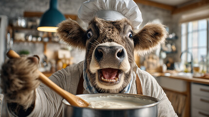 Cow standing upright in a bright, clean rustic kitchen setting