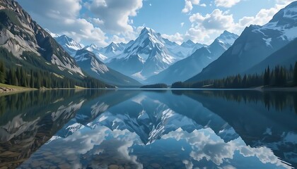 A serene mountain lake reflecting snow capped peaks and a cloudy sky creating a mirror like effect