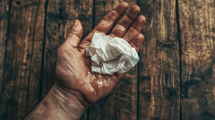 A hand holding a crumpled tissue on a rustic wooden surface.