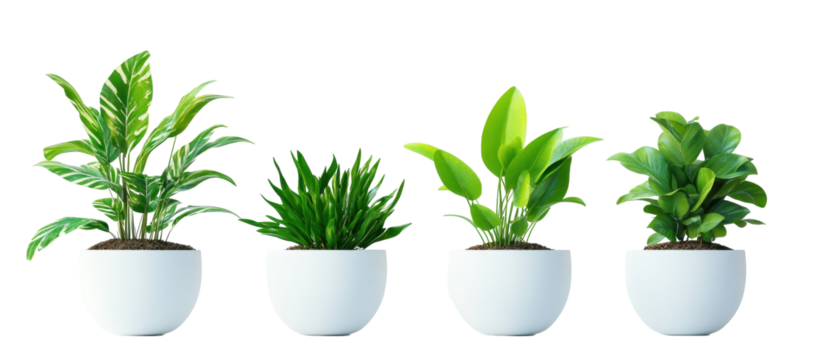 Four potted houseplants, varying in foliage type and size, sit in a row in simple white containers against a black background