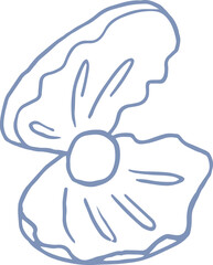 Illustration of an open oyster shell with pearl. Seashell whimsical drawing