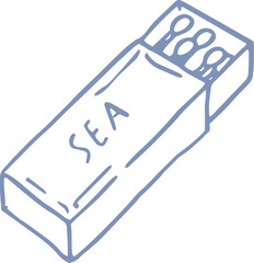 Hand drawn open matchbox illustration with matches, blue whimsical sea core illustration