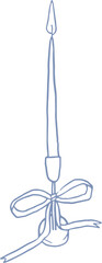 Whimsical illustrtion of elegant candle holder with ribbon. Outline line art graphic