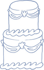 Illustration of Two Tiered Wedding Cake. Summer whimsical decorated Cake with sea shells and waves