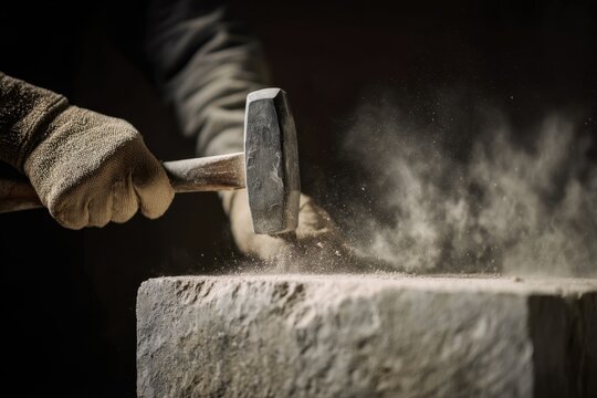 Asian Stone Mason Hard at Work in Construction Industry Close Up on Hammer Chipping Away at Granite Block
