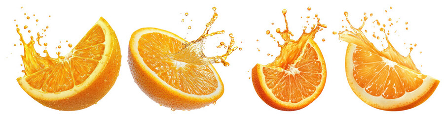 PNG Four orange slices with splashing juice effects element set on transparent background.