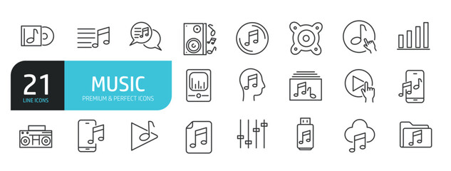 Set of line icons related to music, media player, audio. Outline icons collection. Editable stroke. Vector illustration stock illustration