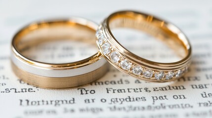 Wedding Rings Displayed on Old Book Page Close Up