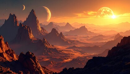Naklejka premium Surreal alien landscape with multiple moons rising over dramatic terrain illustrating science fiction worlds and fantastical space travel destinations