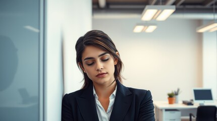 Fototapeta premium Young brunette woman, accountant in the office, stands near a white wall, from accumulated fatigue