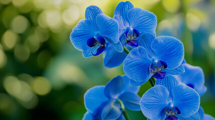 Vibrant blue orchids in a lush, serene garden setting.