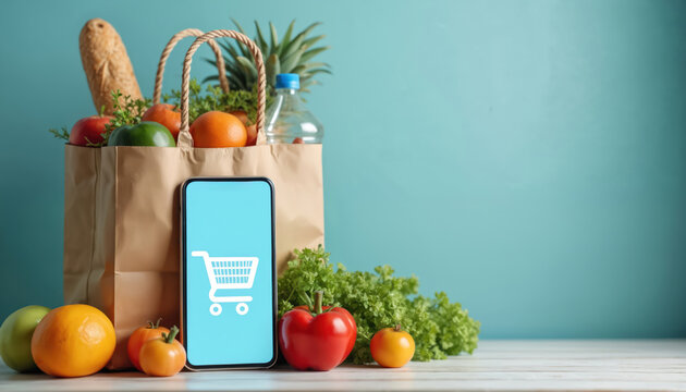 Online grocery shopping concept. Smartphone with shopping cart icon near paper bag full of fresh fruits, vegetables. Home delivery, e-commerce, food store. Healthy eating tech concept.
